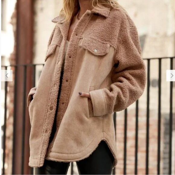 12th Tribe Bobbi Tan Suede Sherpa Jacket - Size L - Picture 9 of 11